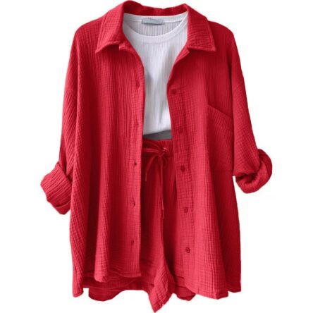 Wrinkled collar long sleeved shirt, high waisted drawstring shorts, fashionable casual set