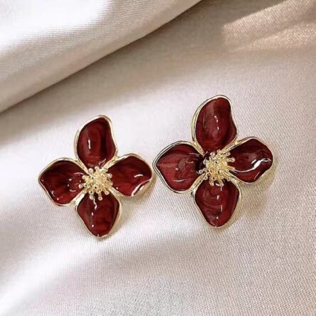 Vintage Hong Kong style drop glaze red flower earrings, three-dimensional small flower earrings