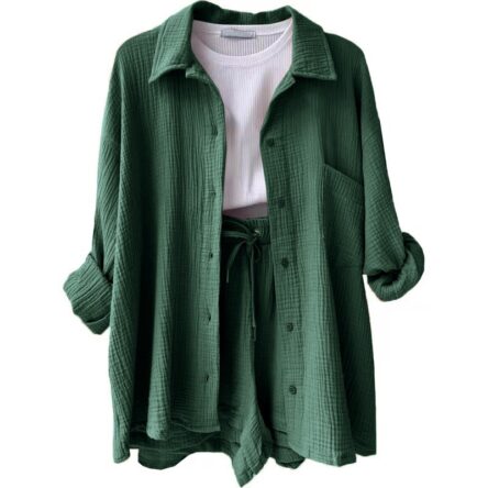 Wrinkled collar long sleeved shirt, high waisted drawstring shorts, fashionable casual set
