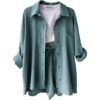 Wrinkled collar long sleeved shirt, high waisted drawstring shorts, fashionable casual set
