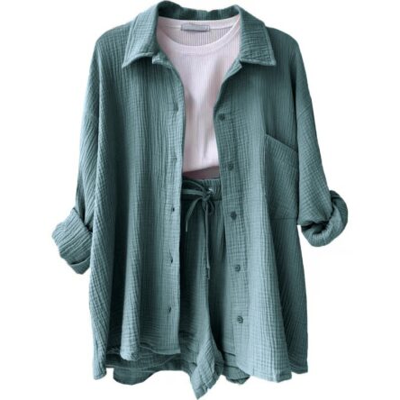Wrinkled collar long sleeved shirt, high waisted drawstring shorts, fashionable casual set