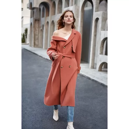 Double Woolen Coat Woman's Upmarket Coat One Shoulder Overcoat