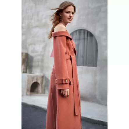 Double Woolen Coat Woman's Upmarket Coat One Shoulder Overcoat