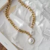 Exaggerated Gold Color Thick Chain Big Imitation Pearl Necklace Fashionable Design Neck Jewelry Collarbone Chain Women
