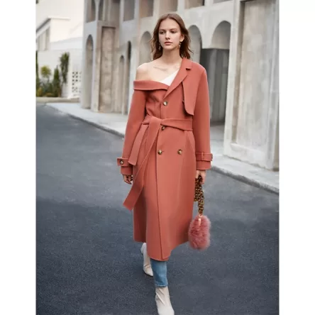 Double Woolen Coat Woman's Upmarket Coat One Shoulder Overcoat