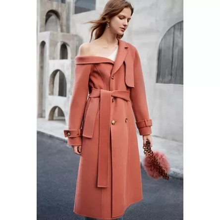 Double Woolen Coat Woman's Upmarket Coat One Shoulder Overcoat