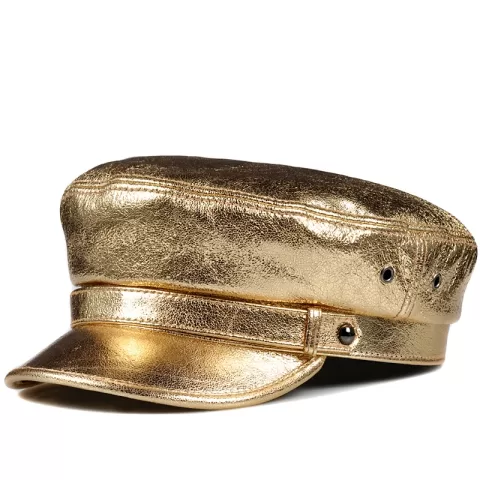 Spring  Korean Fashion Unisex Flat Top Genuine Leather Navy Hat