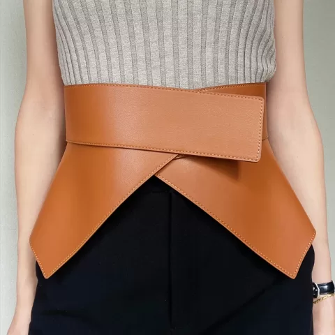 Geometrically designed wide waist closure corset leather belt
