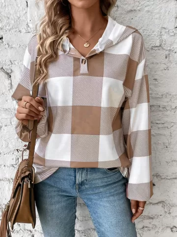 Grid printed loose casual fashionable button long sleeved hooded sweatshirt