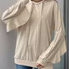 Sports and leisure personalized hooded ruffled long sleeved solid color hoodie for women