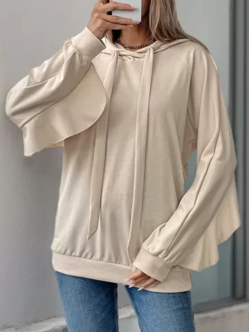 Sports and leisure personalized hooded ruffled long sleeved solid color hoodie for women