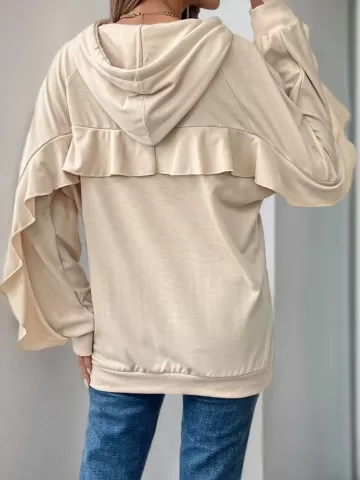 Sports and leisure personalized hooded ruffled long sleeved solid color hoodie for women