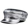 Spring  Korean Fashion Unisex Flat Top Genuine Leather Navy Hat