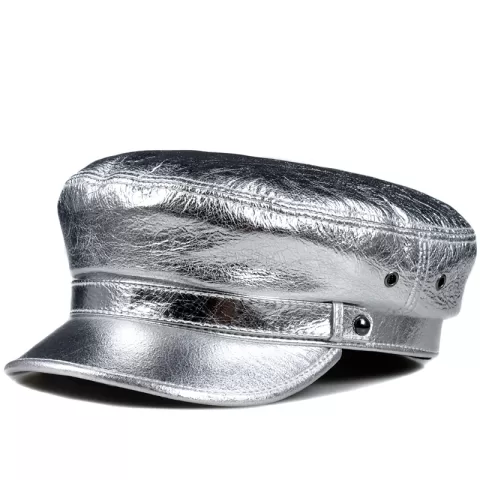 Spring  Korean Fashion Unisex Flat Top Genuine Leather Navy Hat