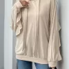 Sports and leisure personalized hooded ruffled long sleeved solid color hoodie for women
