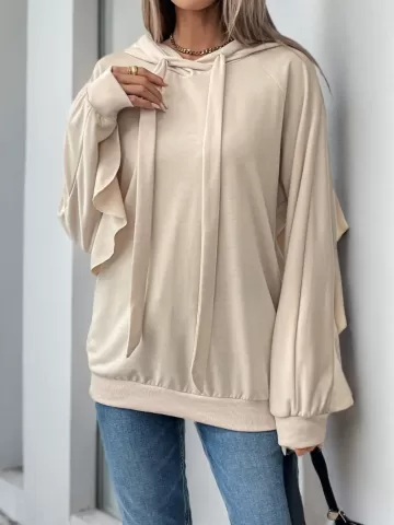 Sports and leisure personalized hooded ruffled long sleeved solid color hoodie for women