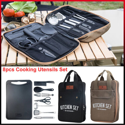 Camping Kitchen Set 8pcs Outdoor Cookware Kit Stainless Steel Travel Set And Utensil Organizer Storage bag