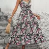 Smocked Printed Halter Neck Midi Dress
