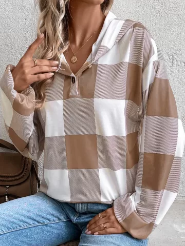 Grid printed loose casual fashionable button long sleeved hooded sweatshirt