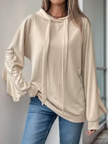 Sports and leisure personalized hooded ruffled long sleeved solid color hoodie for women