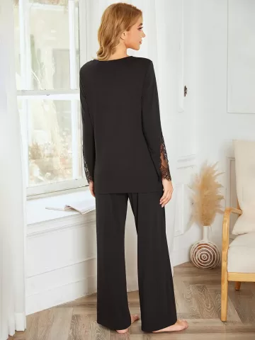 Women's sleepwear suit - long sleeves and long pants two pieces  cotton lace patchwork