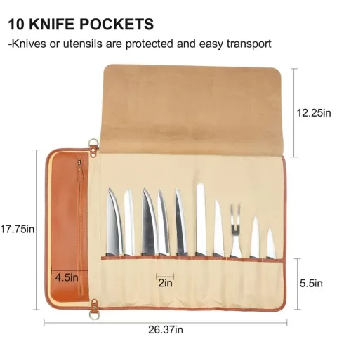 Kitchen Chef Knife Bag Roll Bag Synthetic Leather with 10 Pockets