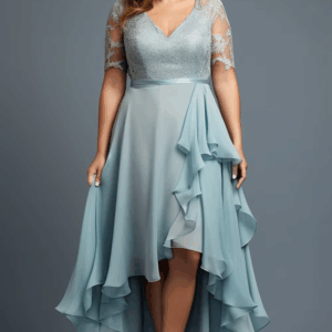 plus Size Wedding Guest Light Blue Chiffon Lace Layerd High Low Hem Maxi Dress