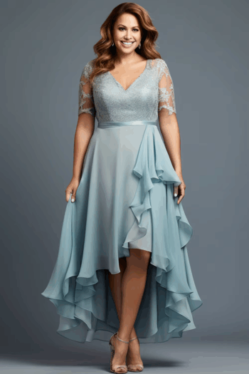 plus Size Wedding Guest Light Blue Chiffon Lace Layerd High Low Hem Maxi Dress