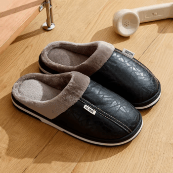 Men'S Slippers Winter Big Size Indoor Waterproof PU Leather