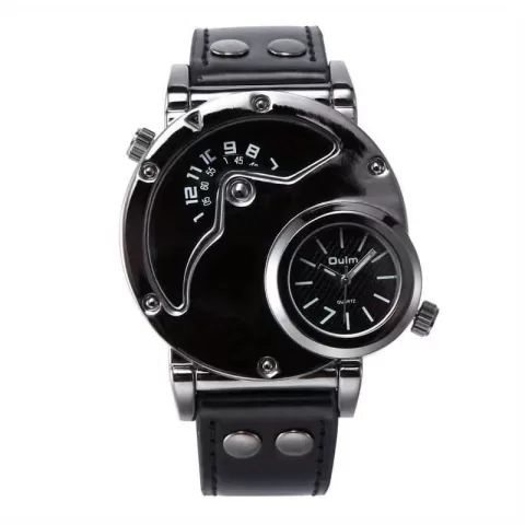 Unique Double Time Zone Men'S Sports Quartz Watch with PU Leather Strap