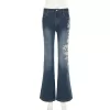 Flare Pants Jeans Women Embroidery Boot Cut Low Waist Washed Distressed Pockets Floor Length Streetwear 2025 Denim Trousers