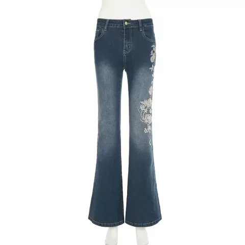 Flare Pants Jeans Women Embroidery Boot Cut Low Waist Washed Distressed Pockets Floor Length Streetwear 2025 Denim Trousers