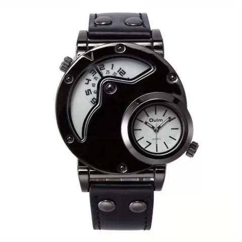 Unique Double Time Zone Men'S Sports Quartz Watch with PU Leather Strap