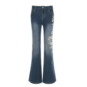 Flare Pants Jeans Women Embroidery Boot Cut Low Waist Washed Distressed Pockets Floor Length Streetwear 2025 Denim Trousers