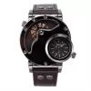 Unique Double Time Zone Men'S Sports Quartz Watch with PU Leather Strap