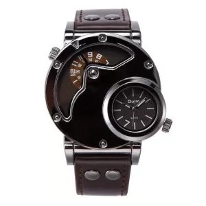 Unique Double Time Zone Men'S Sports Quartz Watch with PU Leather Strap