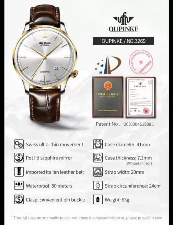 3269 Classic Thin Dial Automatic Watch for Men Mechanical Movement Waterproof Wristwatch Sapphire Mirror Man Watches