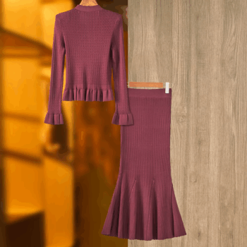 Lady Spring New Arrival V-Neck Long Sleeve Single-Breasted Ruffles Cardigan Midi Skirt Women Solid Knit Twin Sets