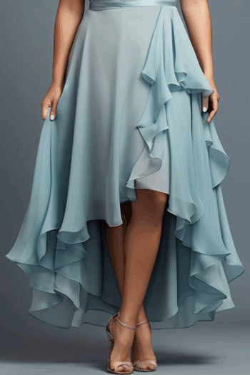 plus Size Wedding Guest Light Blue Chiffon Lace Layerd High Low Hem Maxi Dress