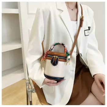 Exquisite PU Leather Bucket Bag Women New Cylinder Portable Hand Bag Large Capacity Shoulder Crossbody Bag for Travel Shopping