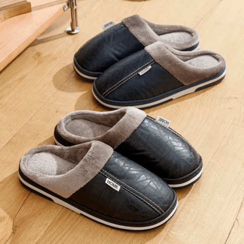 Men'S Slippers Winter Big Size Indoor Waterproof PU Leather
