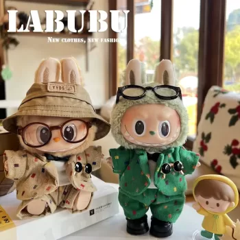 For 17Cm Labubu Stylish Outfit Clothes Khaki Suit Hat Set Labubu Outfit Accessories Labubu Ropa Idol Doll'S Clothes