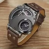 Unique Double Time Zone Men'S Sports Quartz Watch with PU Leather Strap