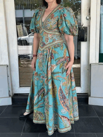 Vintage Lantern Sleeve V Neck Maxi Women Babyoung Printing Chic Party Dress, 2025 Spring Summer Ladies Casual Dresses
