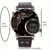 Unique Double Time Zone Men'S Sports Quartz Watch with PU Leather Strap