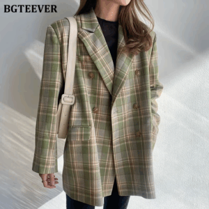 Vintage Loose Women Jacket Plaid Blazer Autumn Chic Double Breasted Female Long Suit Jackets Stylish Ladies Blazer