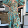Vintage Lantern Sleeve V Neck Maxi Women Babyoung Printing Chic Party Dress, 2025 Spring Summer Ladies Casual Dresses