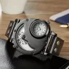 Unique Double Time Zone Men'S Sports Quartz Watch with PU Leather Strap