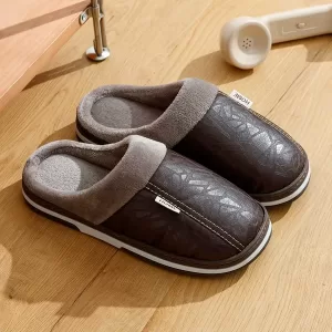 Men'S Slippers Winter Big Size Indoor Waterproof PU Leather