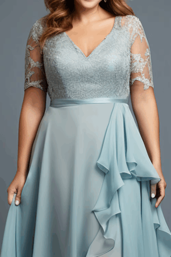 plus Size Wedding Guest Light Blue Chiffon Lace Layerd High Low Hem Maxi Dress